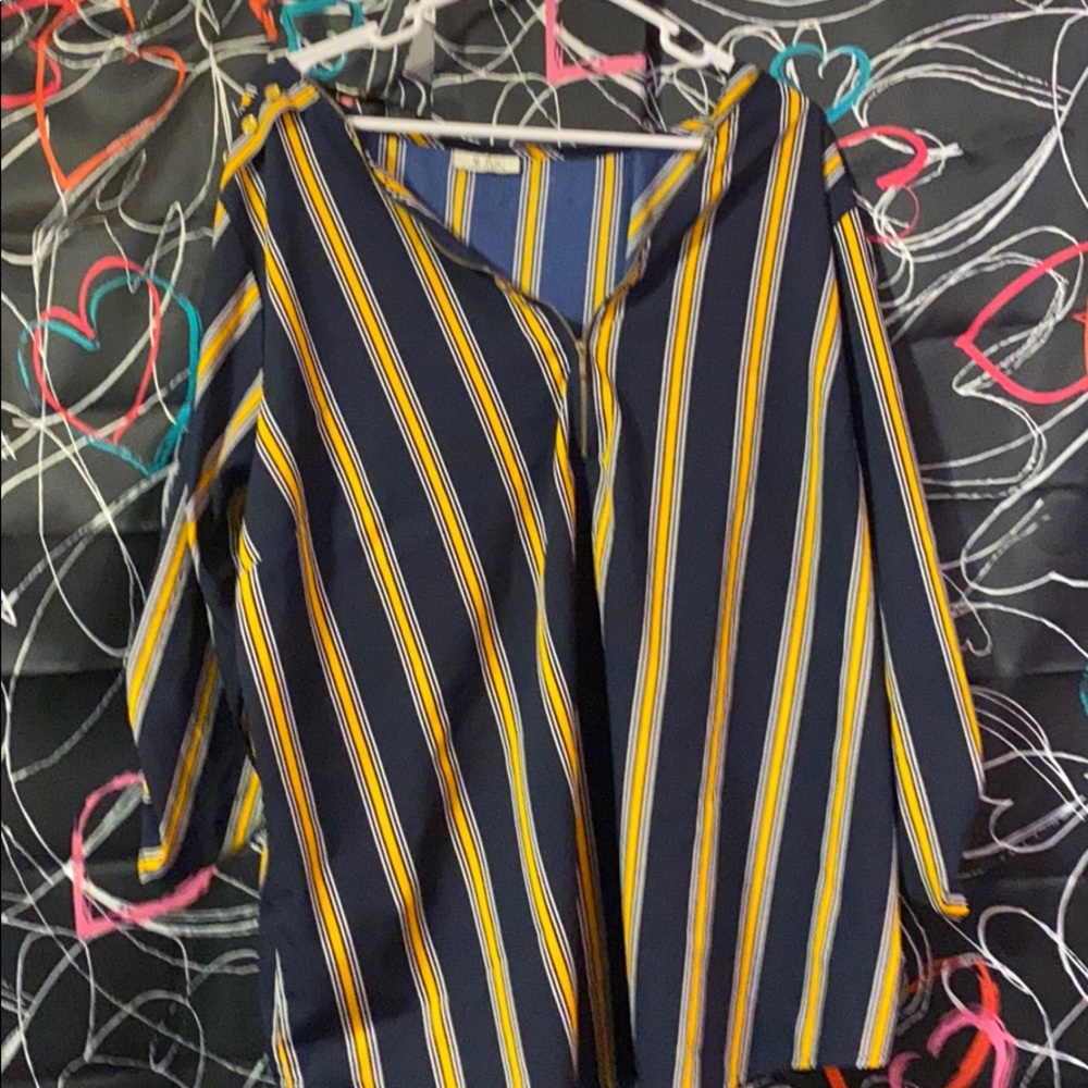 Blue and yellow striped, zip up blouse